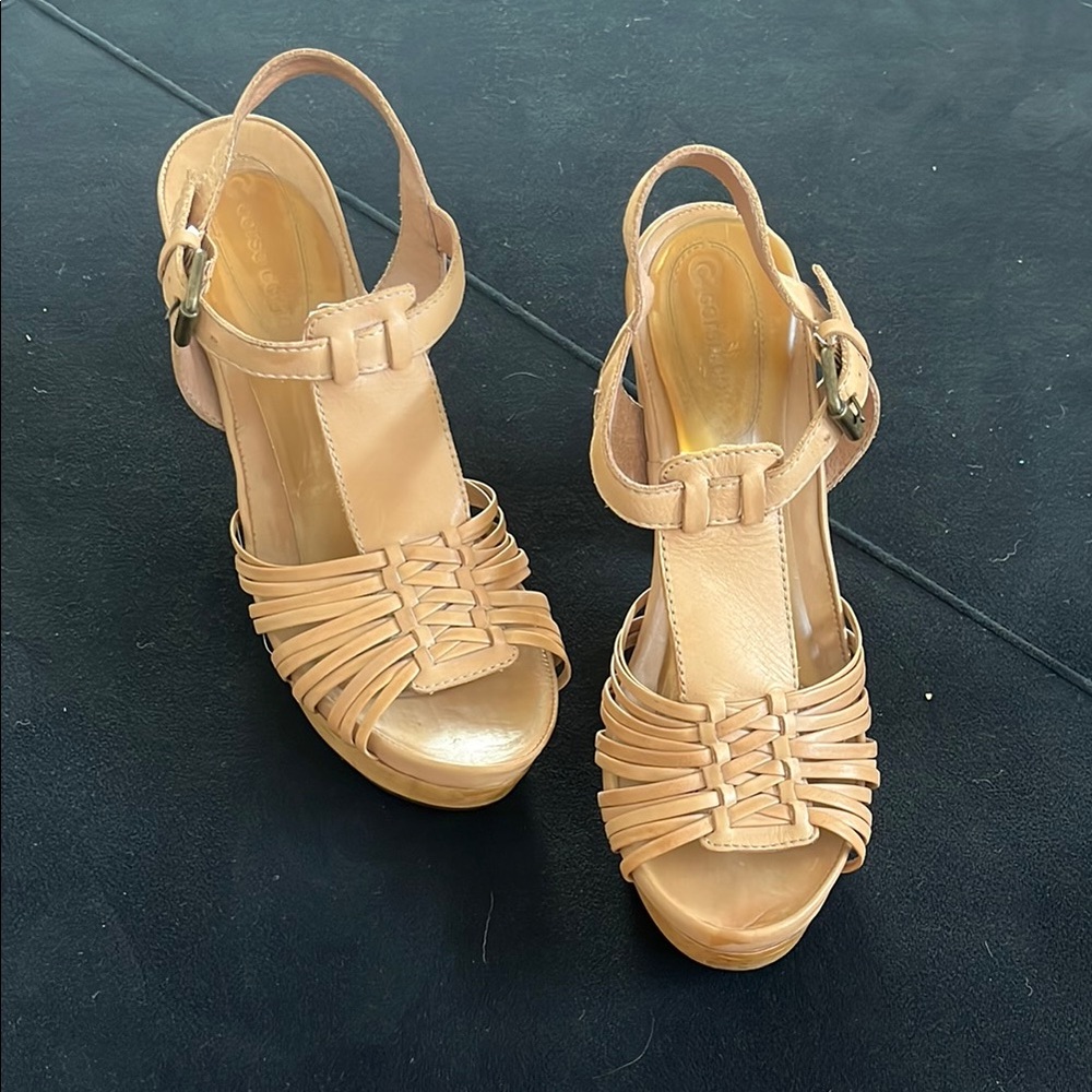 Corso Como Tan Wedge Sandals with Intricate Straps